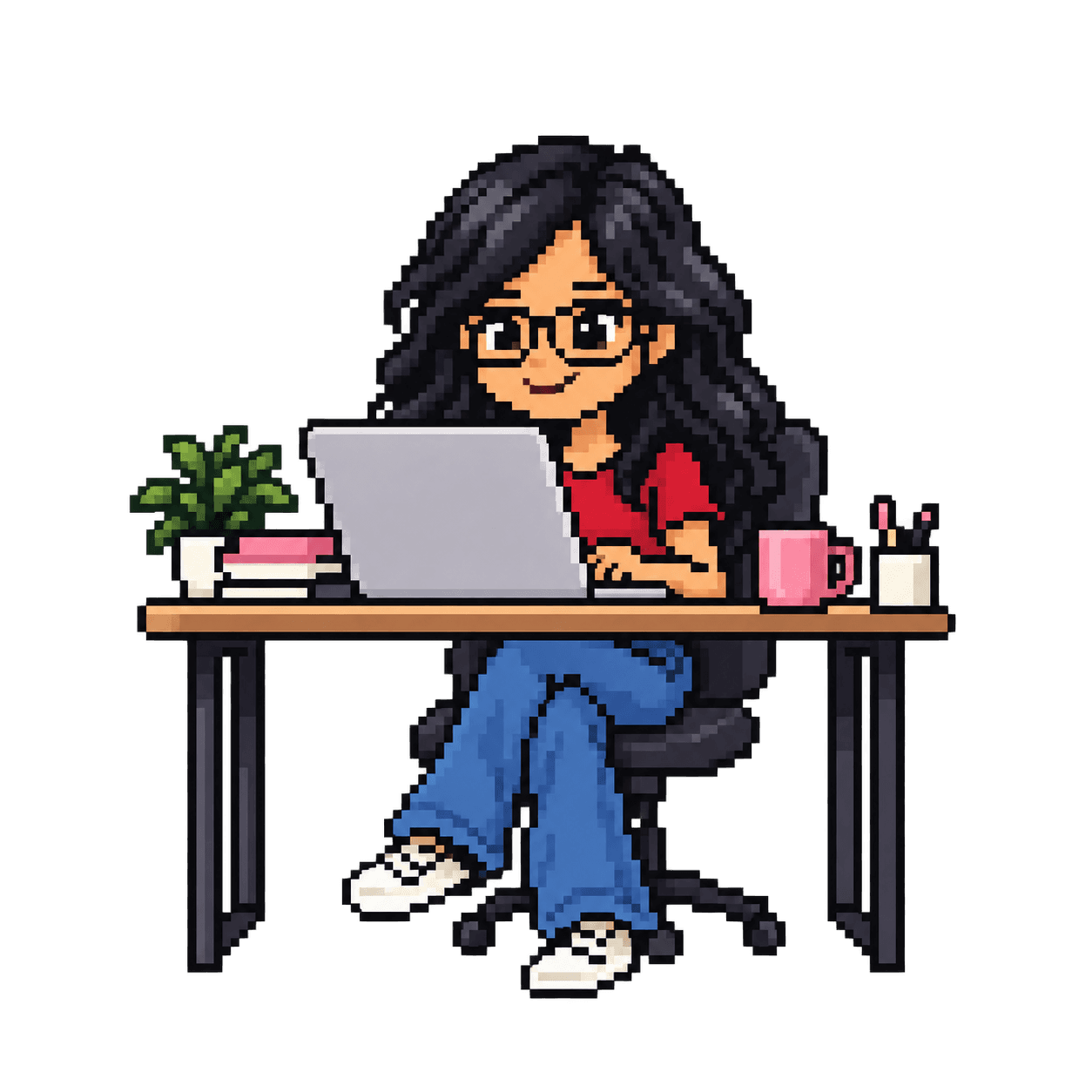 Pixel-art Bhavana coding on her laptop